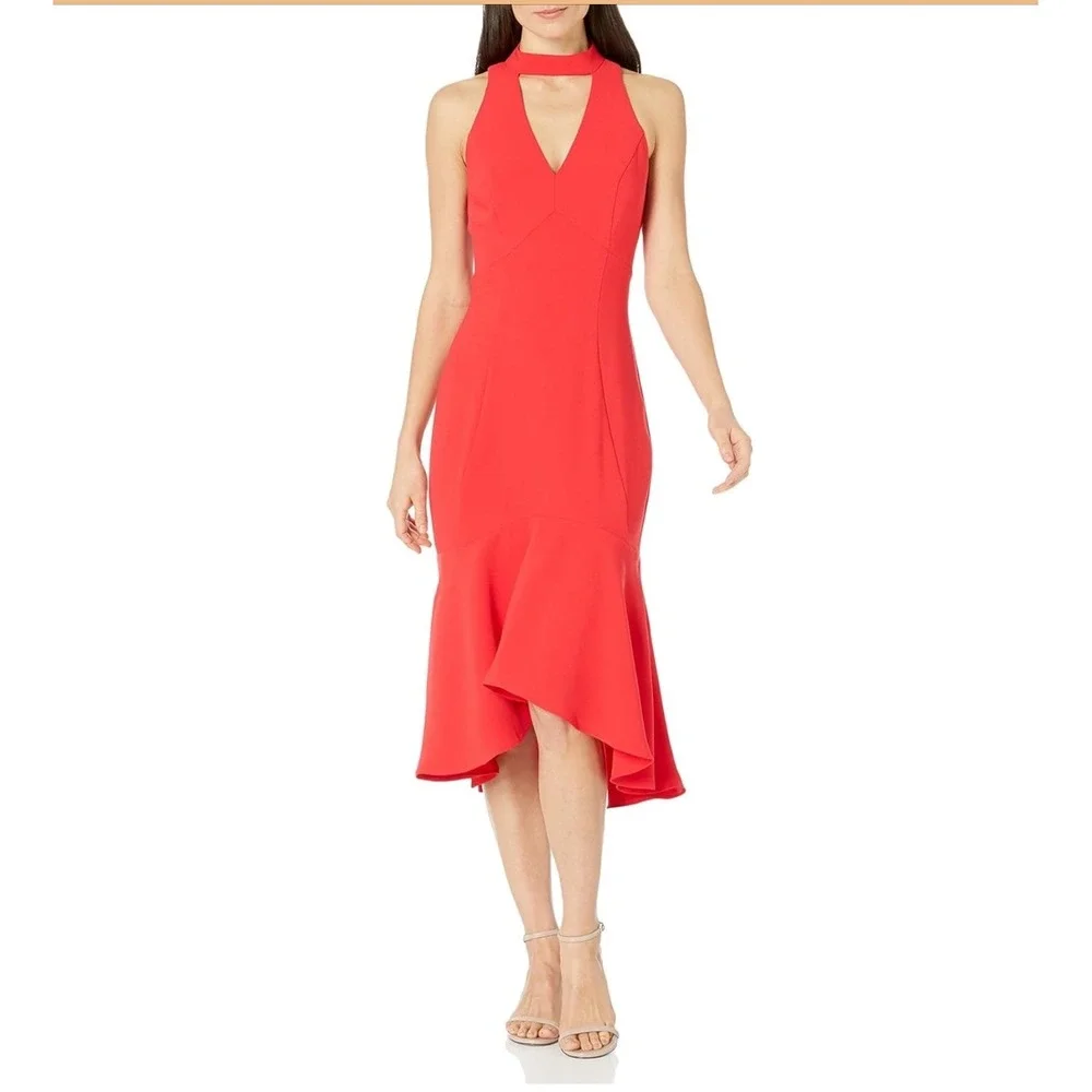 Amanda Uprichard Dress Women Petite P Red‎ Choker Neck High Low Mermaid Midi
